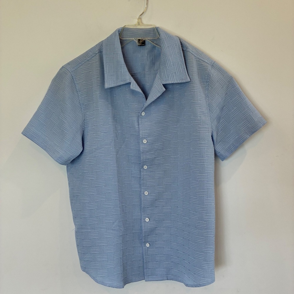 Manfinity Mens Light Blue Textured Basketweave Short Sleeve Button Up Shirt L